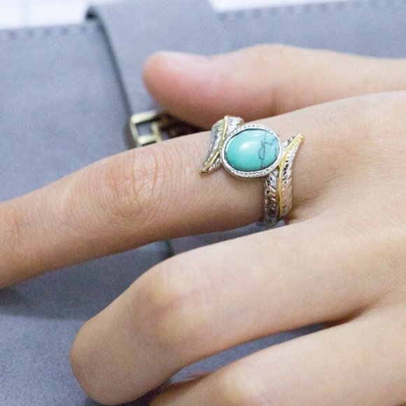 ✨925 Silver Plated Green Turquoise Leather Shape Cut Ring, GPMB1514 - Picture 2 of 5